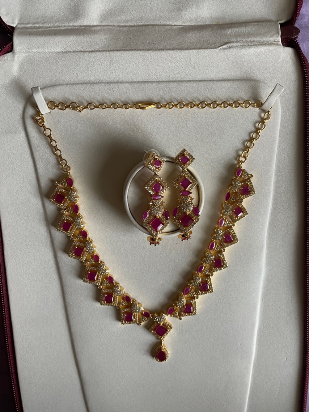 Elegant Gold-Plated Necklace & Earrings Set with Pink Stones